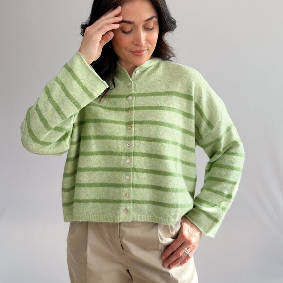 Women’s Light Green Striped Soft Knit Button Cardigan - Picture 5 of 11
